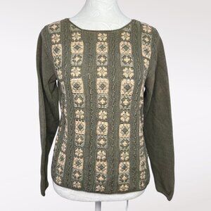 Vintage Olive Green Patterned Knit Sweater XS 90s